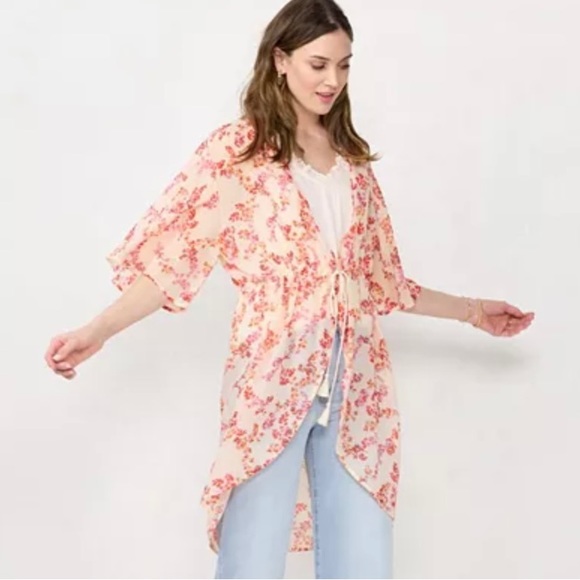 NWT LC Lauren Conrad Women’s Floral Print Tapered Tie Front Kimono One Size - Picture 1 of 11